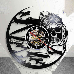 Retro Pilot Skull Wall Clock Aviator Skeleton Vinyl Record Wall Clock Airplane Flying Jet Helmet Hipster Goggles Skull Wall Deco
