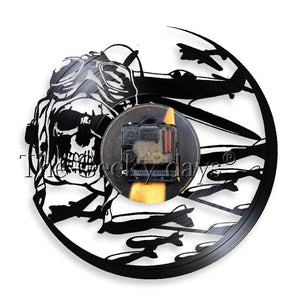 Retro Pilot Skull Wall Clock Aviator Skeleton Vinyl Record Wall Clock Airplane Flying Jet Helmet Hipster Goggles Skull Wall Deco