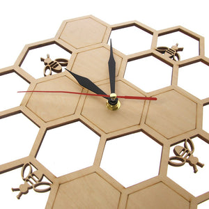Bees and Honeycomb Natural Wooden Wall Clock Hexagon Wall Art Wood Bee Honey Contemporary Clock Watch Home Living Room Decor