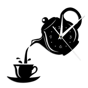 DIY Teapot and Cup Design Acrylic Mirror Modern Wall Clock Tea Kettle Shaped Hanging Clock Watch Kitchen Clock Jug With A Cup
