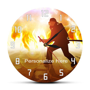 Firefighter Fighting A Fire Custom Clock Duty Calls Firemen In Flames Personalised Text Modern Wall Clock Fire Dept Office Decor