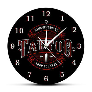 Tattoo Time Custom Wall Clock Ink Shop Tattoos Gun Artist Gift Body Art Shop Studio Tattoos Logo Company Name Modern Wall Clock
