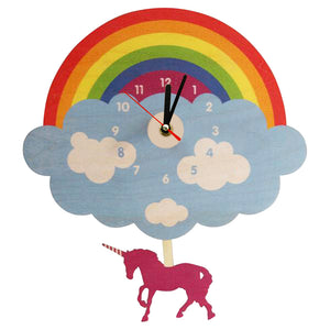 Rainbow Cloud Wall Clock With Swinging Unicorn Laser Cut Wooden Magical Unicorn Wall Clock Unicorn Bedroom Decor Pendulum Clock