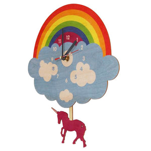 Rainbow Cloud Wall Clock With Swinging Unicorn Laser Cut Wooden Magical Unicorn Wall Clock Unicorn Bedroom Decor Pendulum Clock