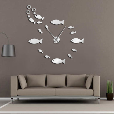 Fish With Bubble DIY Giant Wall Clock Mirror Effect Wall Art Home Decor Aquarium Decoration Frameless Big Needle Clock Watch