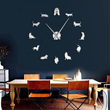 Basset Hound Acrylic Mirror Silouette DIY Giant Wall Clock Pet Shop Dog Breed Big Clock Frameless Wall Watch Dog Lovers Gift
