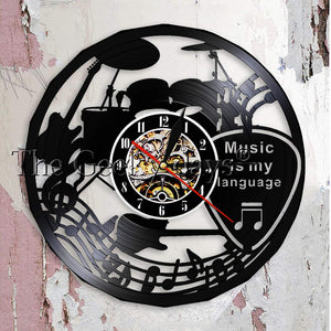 Music Is My Language Music Inspirational Quote Wall Clock Music Theater Decoration Guitar Drums Vintage Vinyl Record Wall Clock