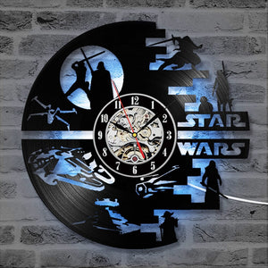 Creative Star Wars CD Record Clock Creative HandmadeVinyl Record Wall Clock Antique Hollow Hanging Clock LED with 7 Colors