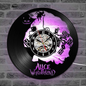 Vinyl Record Wall Clock Cartoon Alice in Wonderland 3D Creative CD Record Clock Modern Design Hanging LED Clocks Home Decor