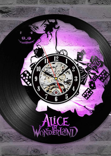 Vinyl Record Wall Clock Cartoon Alice in Wonderland 3D Creative CD Record Clock Modern Design Hanging LED Clocks Home Decor