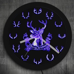 Merry Christmas Deer Wall Clock With LED Backlight 12 Different Deer Horn Antlers Color Changes Lighting Art Decor Hunting Gifts