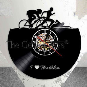 Sports Swimming Running Cycling Vinyl Record Clock Handmade Sports Lovers Gifts Vintage Athlete Home Decor Triathlon Wall Clock