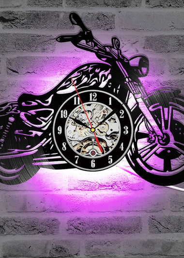 3D Creative Classic Vinyl Record Clock Motorcycle Fans Gift Hollow Motorcycle Shape Wall Art Motorcycle Rider LED Clock