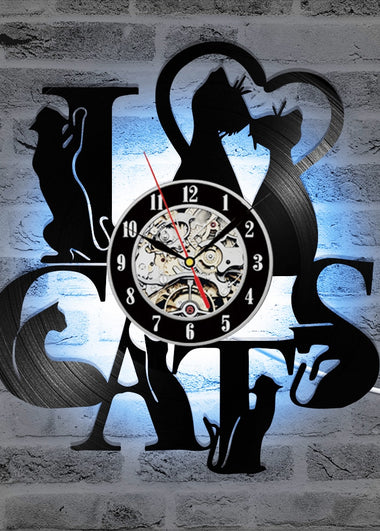I Love Cats Record Wall Clock Vintage LED Vinyl Clock Kitten Art Silent Unique Decorative Clock 3D Hanging CD Wall Clock 7 Cats