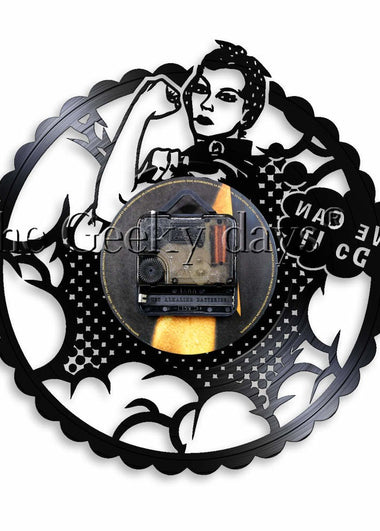 We Can Do It Girl Power Rosie the Riveter Feminist Home Decor Modern Wall Clock Strong Woman Protest Signs Vinyl Record Clock