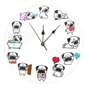 Cute Cartoon Pug Acrylic Wall Clock Dog Lover Decorative Wall Clock Dog Breed Pet ShopPug Life Printed Puppy Wall Watch Gift