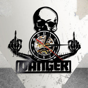 Skull Vinyl Record Wall Clock Danger Middle Fingers Skull Clock Vintage Punk Skeleton Wall Art Vinyl Clock Halloween Decor Gift