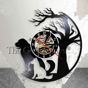 Dogs Under The Tree Wall Art Home Decor Wall Clock Puppies Silhouette Vinyl Record Wall Clock Vintage Gift For Dog Owners Lovers