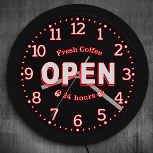 Fresh Coffee Open 24 Hours LED Neon Sign Decorative Wall Watch Coffee Shop Business Lighting Multi Colors Cafe Bar Wall Clock