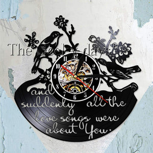 And Suddenly All The Love Songs Were All About You Inspirational Quote Vinyl Record Wall Clock Valentine Birds Retro Wall Watch