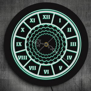 Black Round Antique Roman Numeral With Floral Pattern LED Lighting Decorative Wall Clock 7 Color Changes With Remote Control
