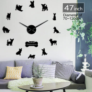 Mexico Dog Breed Chihuahua DIY 3D Acrylic Wall Clock With Big Clock Hands Mirror Effect Numbers Sticker Dog Pet Giant Wall Watch