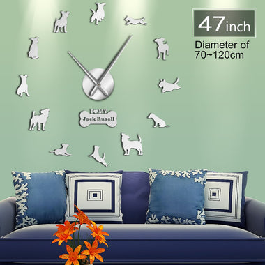 Fox Hunting Dog Jack Russell Terrier Large Size Contemporary Wall Clock Small Terrier Dog Breed Gift Mirror Effect DIY Wall Art