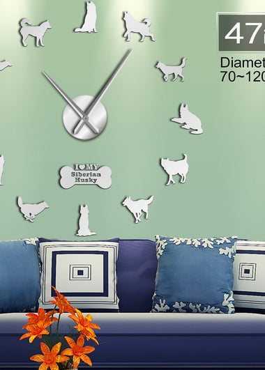 Siberian Husky Russian Dog Breed DIY Large Wall Clock Sibirskiy Haski Self Adhesive Sticker DIY Giant Wall Art Home Decor Watch