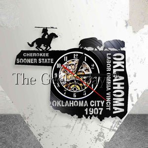 Oklahoma Cherokee Sooner State Living In Oklahoma City Wall Clock Oklahoma Labor Omnia Vincit Vintage Vinyl Record Wall Clock