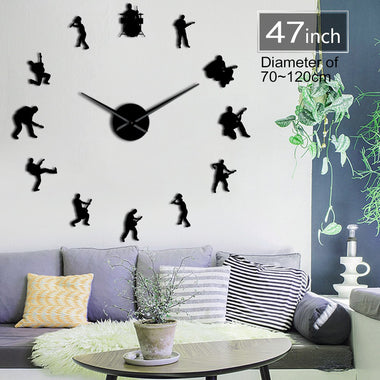 Drummer Music Rock Band DIY Giant Wall Clock Guitar Player Silhouette Decorative Large Wall Clock Guitarist Fremeless Wall Watch