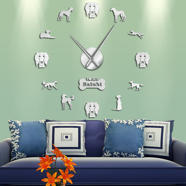Whippet Dog Breed Saluki DIY Giant Wall Clock Wall Ar Mirror Effect Stickers Hanging Timepiece Home Decor Gift For Saluki Owners