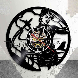 Airlines Stewardess Professional Wall Clock Vintage Airline Pilot Sign Home Decor Flight Attendent Lady Vinyl Record Wall Clock