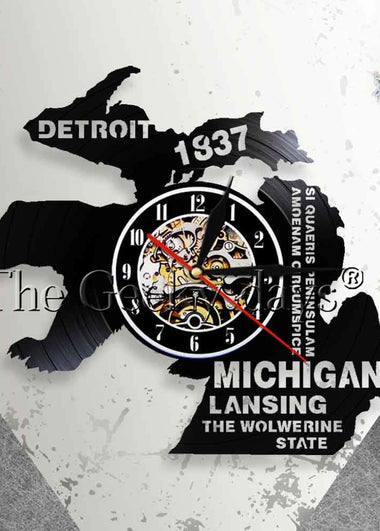 The Wolwerine State Michigan Home State Wall Clock Lansing Detroit Vinyl Record Wall Clock Living In Michigan USA Travel Gift