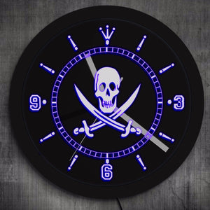Jolly Roger Pirate Wall Clock with LED illumination Skull With Crossed Swords LED Neon Sign Wall Clock Pub Bar LED Wall Decor