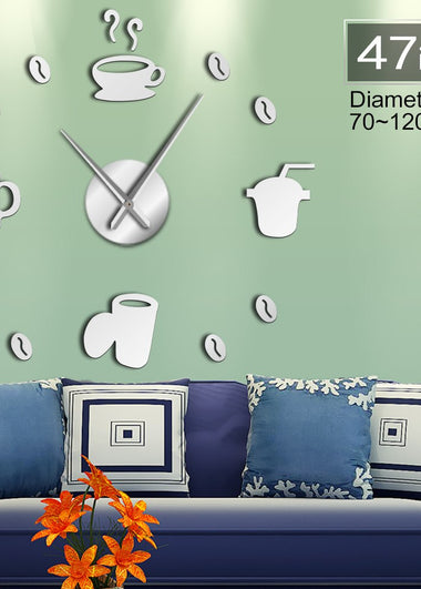 Coffee Time Decorative 3D Wall Clock Kitchen Decor Cafe Hot Beverage Shop Coffee Beans Wall Art Decor DIY Super Big Wall Clock