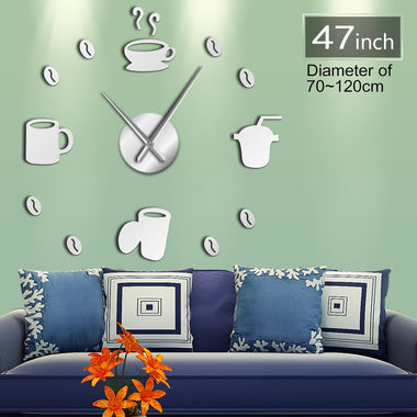 Coffee Time Decorative 3D Wall Clock Kitchen Decor Cafe Hot Beverage Shop Coffee Beans Wall Art Decor DIY Super Big Wall Clock