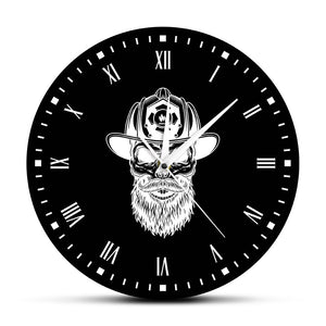 Firefighter Hipster Beard Skull Wall Clock Fire Dept.Wall Decor Retro Gentleman Skull Head With Roman Numberals Firemen's Gift