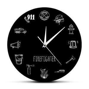 Firefighter Tools Black Round Modern Wall Clock Firement Equipments Hand Drawing Decorative Wall Clock Fire Department Wall Art