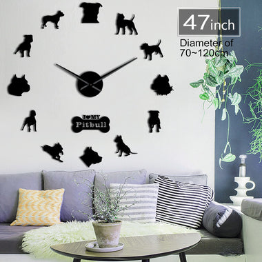 Pit Bull Large Wall Clock Dog Breed Pitties Home Deocr Self Adhesive DIY 3D Wall Clock Mirror Surface Pit Bull Dog Lover Gifts