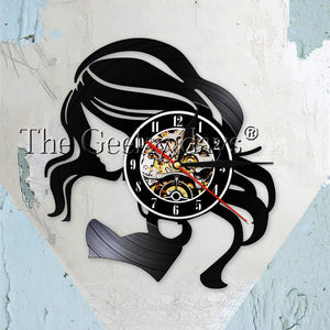 Beauty Lady Hair Salon Business Sign Vintage Wall Clock Made Of Vinyl Record LP HairCare Beautiful Woman Barber Wall Clock Watch