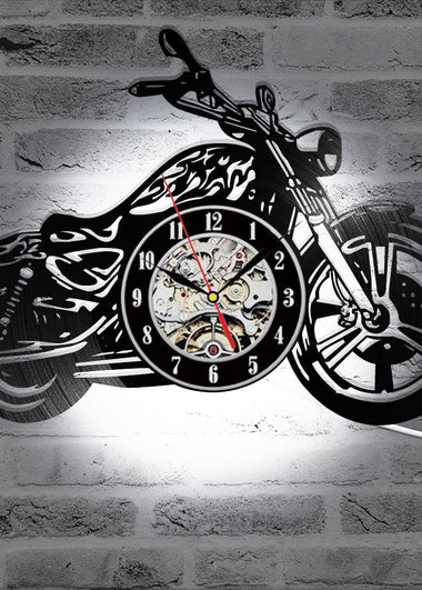 3D Creative Classic Vinyl Record Clock Motorcycle Fans Gift Hollow Motorcycle Shape Wall Art Motorcycle Rider LED Clock