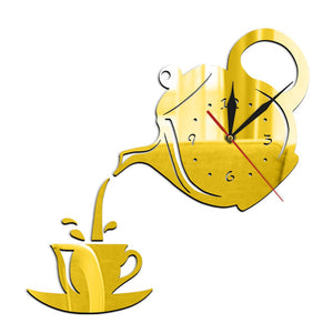 DIY Teapot and Cup Design Acrylic Mirror Modern Wall Clock Tea Kettle Shaped Hanging Clock Watch Kitchen Clock Jug With A Cup
