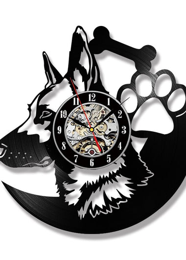 German Shepherd Dog Record Clock LED Clocks for Living Room Vinyl Record Hanging Clock Lighting Amimal Silhouette Room Decor