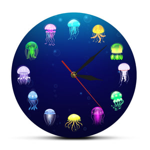 Colorful Printed Jellyfish Wall Clock Home Decor Sea Jellies Decorative Living Room Wall Watch Marine Animals Nursery Wall Art