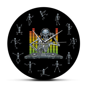 DJ Skull Skeleton Mixing Music Party Wall Clock With Funny Dancing Skeletons As Numbers Halloween Home Decor Hanging Wall Watch