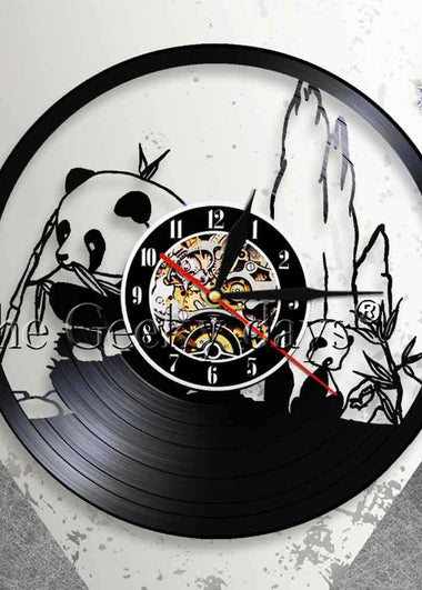 Adorable Giant Panda Clock Wild Panda Bear Eating Bamboo Vinyl Record Wall Clock Cute Panda Home Decor Animals Vintage Clock