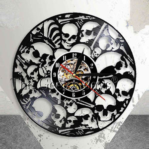 Dead Skeletal Heads Wall Clock Make Of Vinyl Record Vintage Hanging Piled Skulls Wall Art Halloween Horror Decor Vinyl Clock
