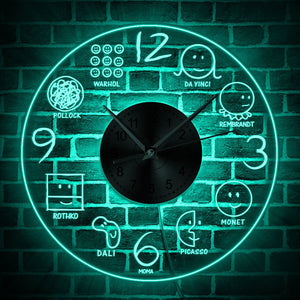 History Of Art in Smiley Face Lighting Art Artist Decorative LED Wall Clock Da Vinci Monet Picasso Dali Art lovers Home Decor