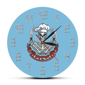 Le Chef Skull Cook Modern Wall Clock Watch Skeleton with Chef Hat Knife Cleaver French Restaurant Kitchen Decor Funny Chef Gift