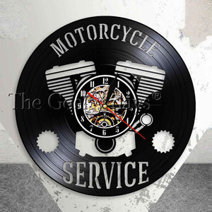Motorcycle Service Business Hanging Sign Workshop Wall Clock Motorbike Repair Vinyl Record Clock Garage Decorative Wall Watch